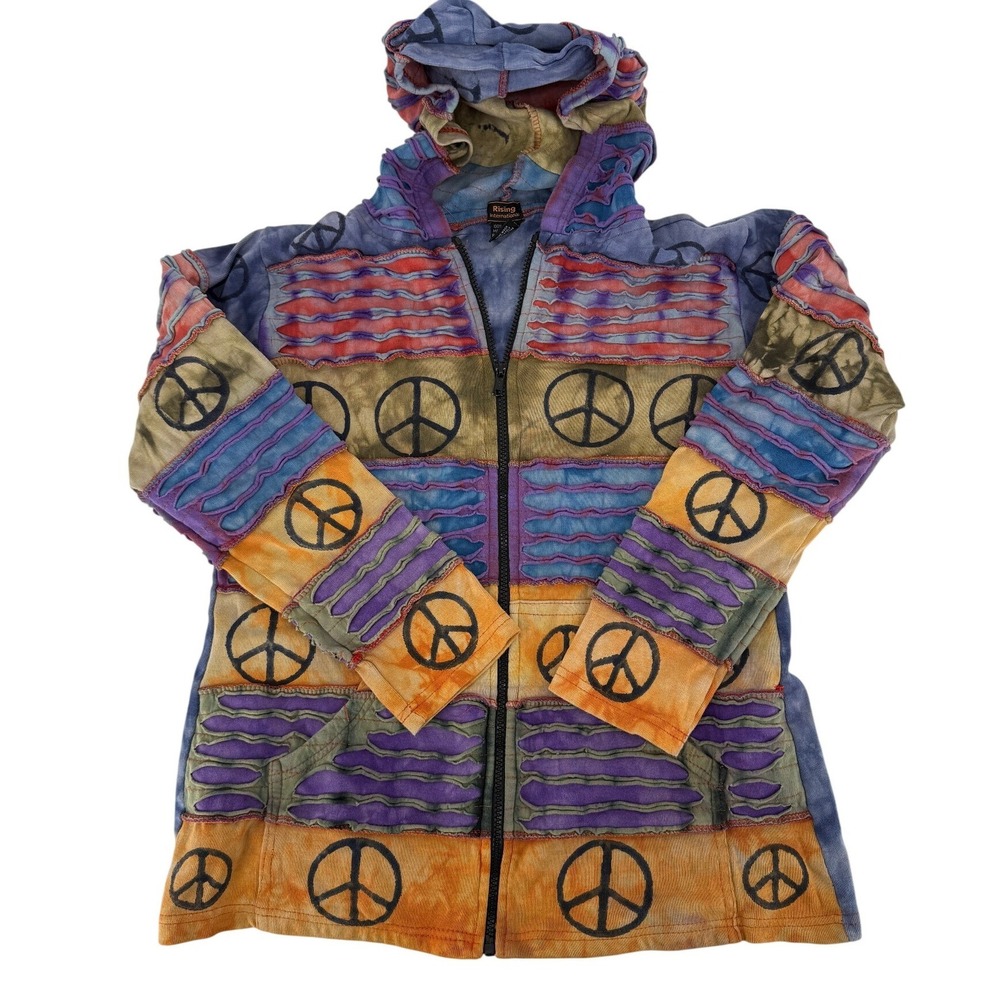 Rising International Peace Sign Patchwork Tie Dye Razor‎ Cut Hoodie Mens Medium